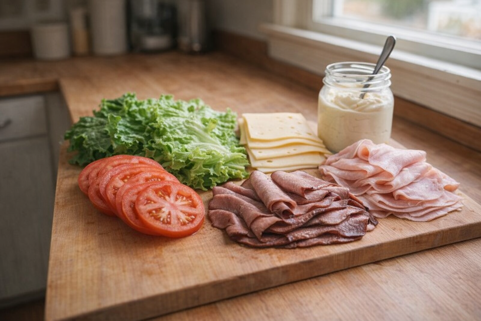 A cutting board with various sandwich ingredients neatly arranged: sliced tomatoes, lettuce, cheese, deli meats, and a jar of mayonnaise, soft window lighting